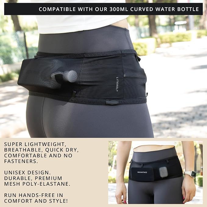 Build & Fitness LiteBelt Running Belt – 4 Quick Top-Access Pockets –Flip Waist Pack, Running Phone Holder – Fits All Size Phones, Keys, Cards, Earpods, GUs – for Men and Women (Black, S)