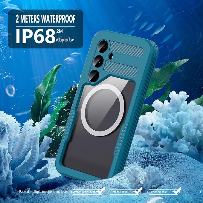 Guppy for Galaxy S25 Magnetic Waterproof Case, Built-in Screen Protector [IP68 Waterproof][14FT Military Drop Proof] 360° Full Body Protection Dustproof Shockproof Heavy Duty Rugged Case, Cyan