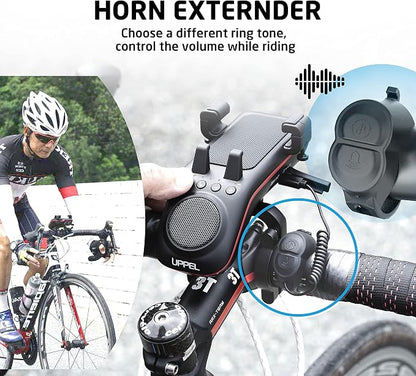 UPPEL Bluetooth Speaker Bicycle, Multifunctional Bike Phone Holder 10-in-1- LED Light - Bike Horn - Microphone - Ideal for Road & Mountain Bike (Black)