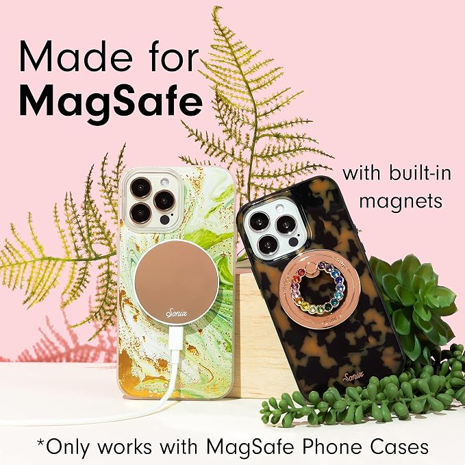 Sonix Magnetic Phone Grip and Phone Ring Holder - Compatible with MagSafe - Rotatable Kickstand and Phone Holder for iPhone 16, 15, 14, 13, 12 Series - Gold/Clear Rhinestone