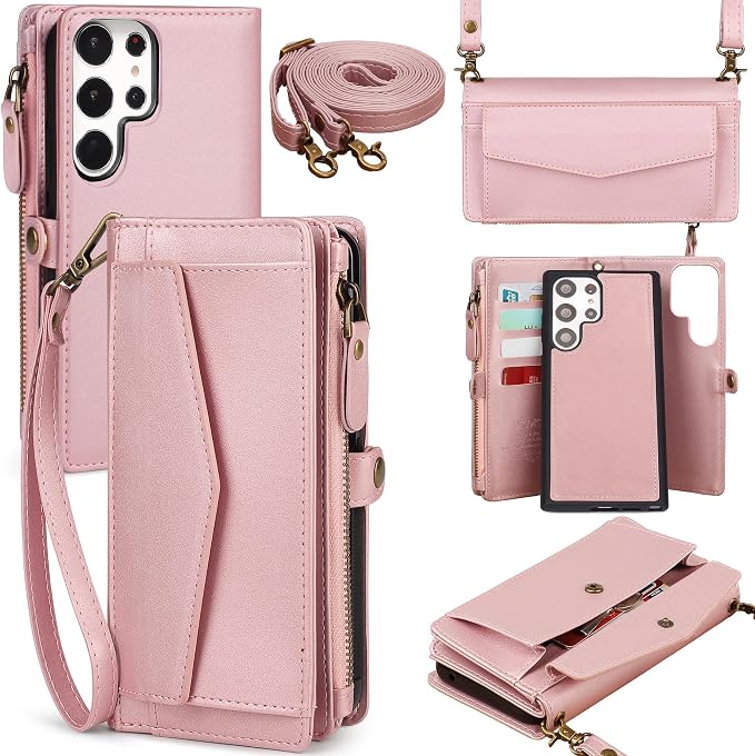for Samsung Galaxy S25 Ultra Wallet Case for Women Men, Wireless Charging with RFID Blocking Card Holder, PU Leather Crossbody Strap Detachable Magnetic Phone Shell Purse, Pink