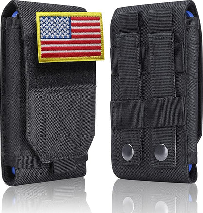 Black Tactical Molle Cellphone Pouch Case,Heavy Duty Waterproof Phone Holster Bag for iPhone 11 12 13 Pro Max for Samsung S22 S21 S20 FE Note 20 A02S Less 6.7" Phone with 2 Pack US Flag Patch