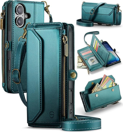 Strapurs Wallet Case Compatible with iPhone 17 6.3" RFID Blocking 9-Card Holder Soft PU Leather Magnetic Snap Shoulder Strap Zipper Pocket Phone Case Fit for iPhone 17 for Women - Blue Green