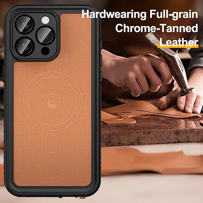 GOLDJU 2025 New Designed for iPhone 15 Pro Max Leather Case Waterproof, [Built-in Screen Protector, ][Compatible with MagSafe] Full Body Shockproof Protective Cover for iPhone 15 Pro Max 6.7''- Brown