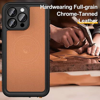 GOLDJU 2025 New Designed for iPhone 15 Pro Max Leather Case Waterproof, [Built-in Screen Protector, ][Compatible with MagSafe] Full Body Shockproof Protective Cover for iPhone 15 Pro Max 6.7''- Brown