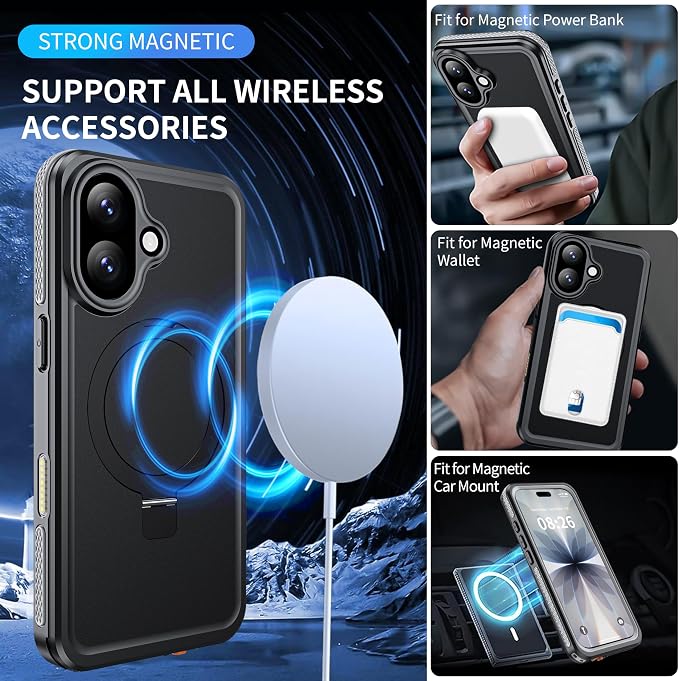ANTSHARE Magnetic for iPhone 17 Case Waterproof, Built in Screen Protector [Compatible with MagSafe] [Invisible Stand] [IP68 Underwater], Full Body Protection Phone Case 6.3'', Black