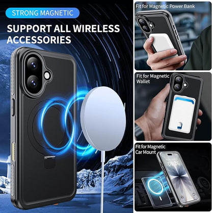 ANTSHARE Magnetic for iPhone 17 Case Waterproof, Built in Screen Protector [Compatible with MagSafe] [Invisible Stand] [IP68 Underwater], Full Body Protection Phone Case 6.3'', Black