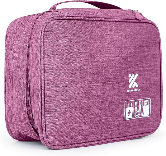 Travel Cable Organizer Bag for Adapters, Cords, and Phone, Mobile Device, Gaming, and Tech Accessories, Waterproof Compact and Portable Storage for Audio and Visual Cabling (Purple)