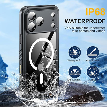 ANTSHARE for iPhone 17 Pro Max Case, Compatible with Magsafe, IP68 Waterproof Case, [Built-in Screen Protector] - 12 FT Military Dropproof - Full Body Heavy Duty Rugged Phone Cover - Black/Clear