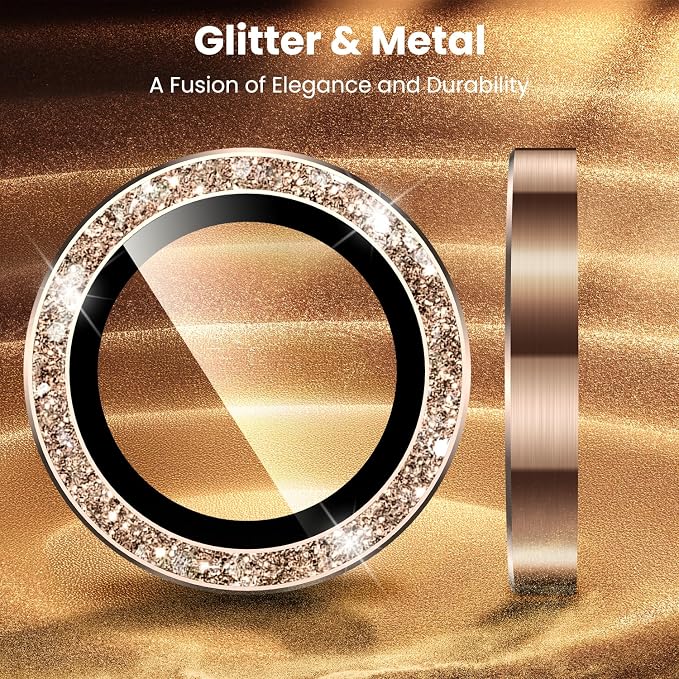 Uyiton for Bling iPhone 16 Pro Max / 16 Pro / 14 Pro Max / 14 Pro Camera Lens Protector - Not Easy to Break Strong Adsorption Individual Metal Tempered Glass Rear Camera Screen Cover - Glitter Titanium Desert