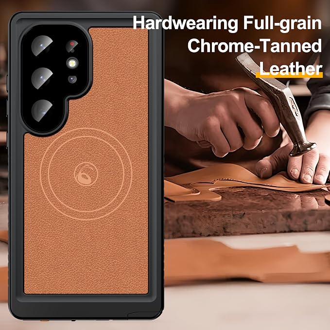 GOLDJU 2025 New Designed for S24 Ultra Leather Case Waterproof, [Built-in Screen Protector, ][Compatible with MagSafe] Full Body Shockproof Protective Cover for Samsung Galaxy S24 Ultra 6.8'' - Brown