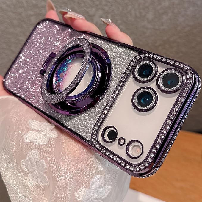 Glitter Kickstand Case for iPhone 17 Pro Max,Cute Bling Sparkly Diamond Rhinestone with Camera Lens Protector Liquid Flowing Ring Stand TPU Bumper Women Girl Case for iPhone 17 Pro Max,Purple