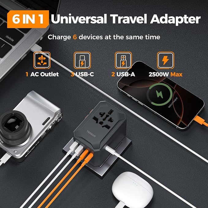 TESSAN Universal Travel Adapter, GaN 65W, Black | International Power Adapter, 5 USB Ports (3 USB C), Worldwide Plug Adaptor