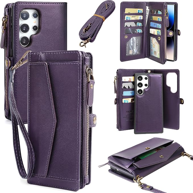 for Samsung Galaxy S25 Ultra Wallet Case for Women Men, Wireless Charging with RFID Blocking Card Holder, PU Leather Crossbody Strap Detachable Magnetic Phone Shell Purse, Purple