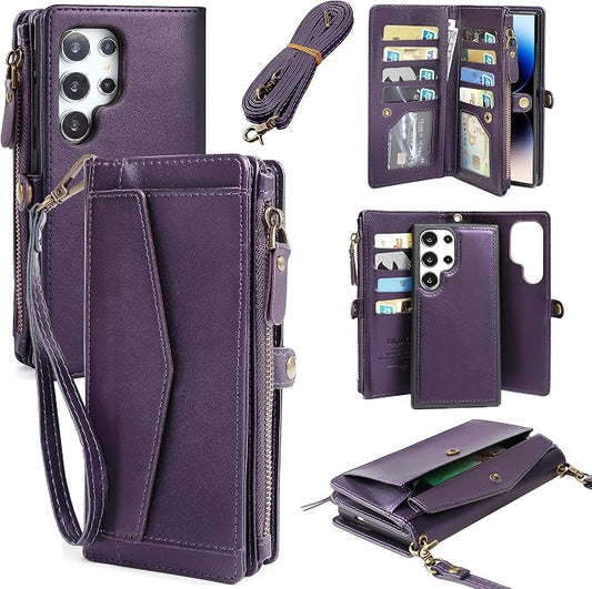 for Samsung Galaxy S25 Ultra Wallet Case for Women Men, Wireless Charging with RFID Blocking Card Holder, PU Leather Crossbody Strap Detachable Magnetic Phone Shell Purse, Purple