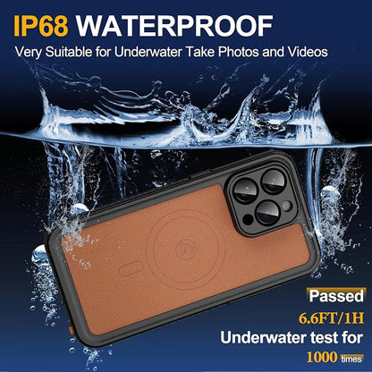 GOLDJU 2025 New Designed for iPhone 15 Pro Max Leather Case Waterproof, [Built-in Screen Protector, ][Compatible with MagSafe] Full Body Shockproof Protective Cover for iPhone 15 Pro Max 6.7''- Brown