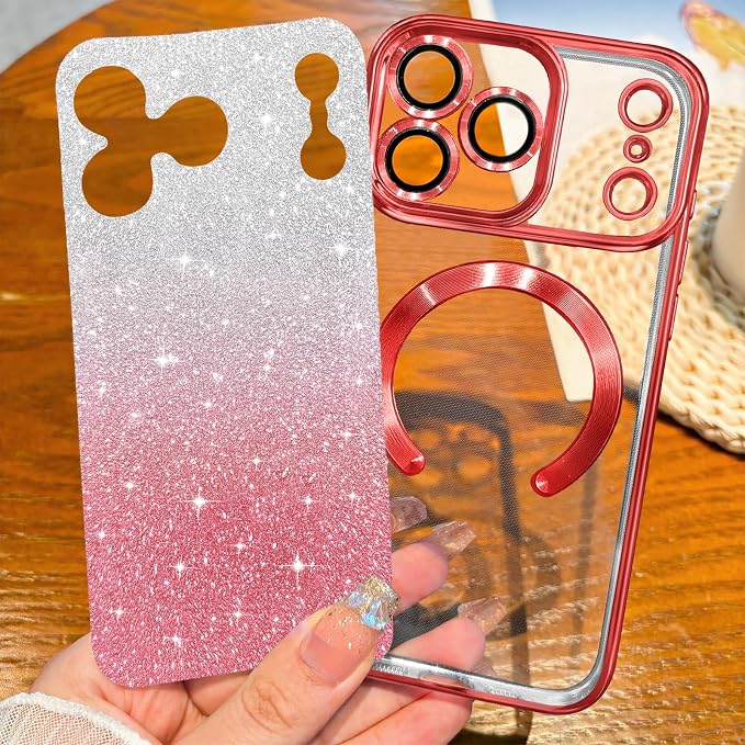 Hython for iPhone 17 Pro Max Case Glitter Clear Magnetic Phone Cases [Compatible with MagSafe] Full Camera Lens Protector Sparkle Luxury Plating Slim Shockproof Protective Cover Women, Gradient Red