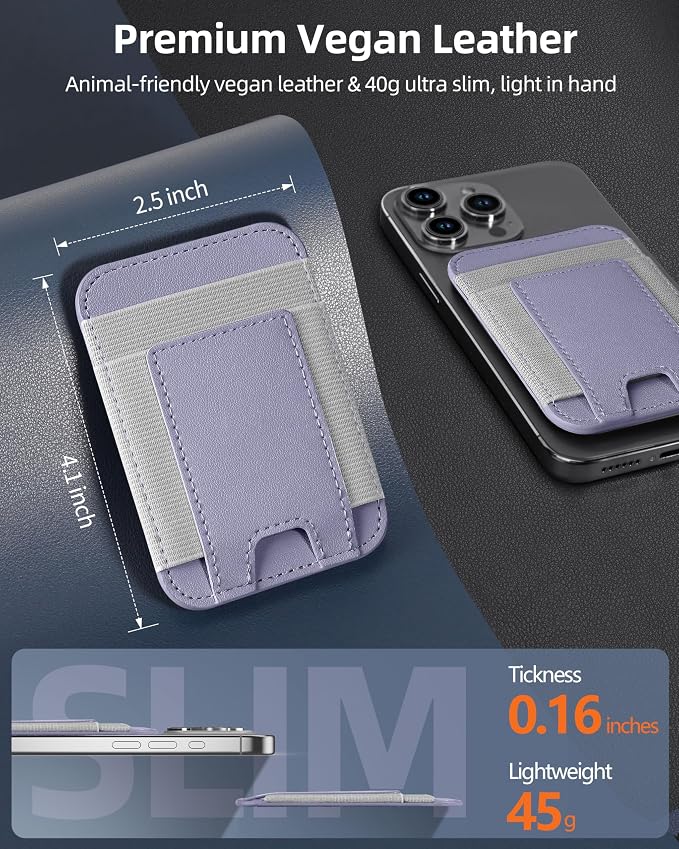 Upgraded for Magsafe Wallet, Strongest Magnetic Wallet, for iPhone Magsafe Walle t with 2 Card Slots, Magnetic Card Holder for iPhone 17/16/15/14/13/12 Series, Vegan Leather, Fit 7 Cards, Light Purple