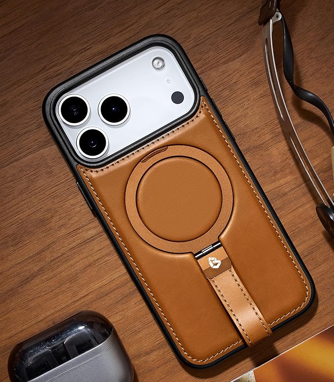 for iPhone 17 Pro Leather Case with Stand, Anti-Slip Grip Ring, Fits for MagSafe (Brown, iPhone 17 Pro)