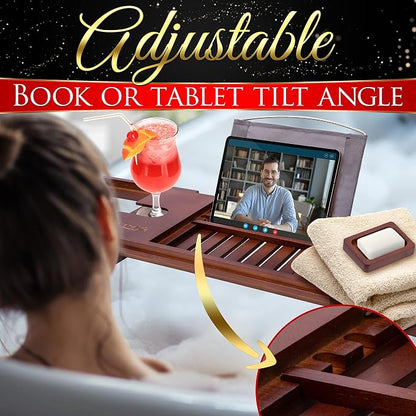 SereneLife Premium Bathtub Tray Caddy with Gift Box and Bow Set, Expandable Bath Tray, Unique House Warming Gifts for Mom, Women, Wedding, Anniversary, Bridal Shower, Fit for All Tub - Stain Brown