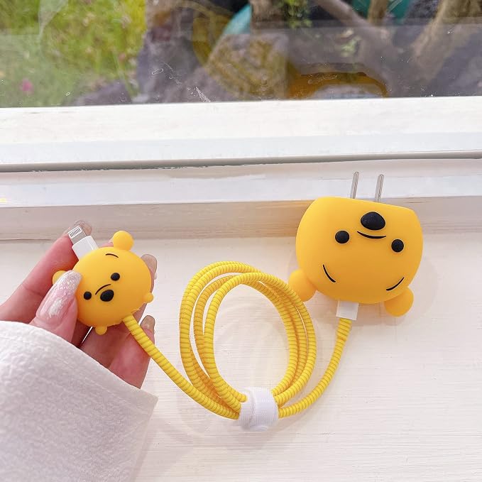 3D Cute Cartoon Charger Protector Case - Compatible for Apple 20W USB-C Power Adapter and Lightning Cable, No.18(4 in1)