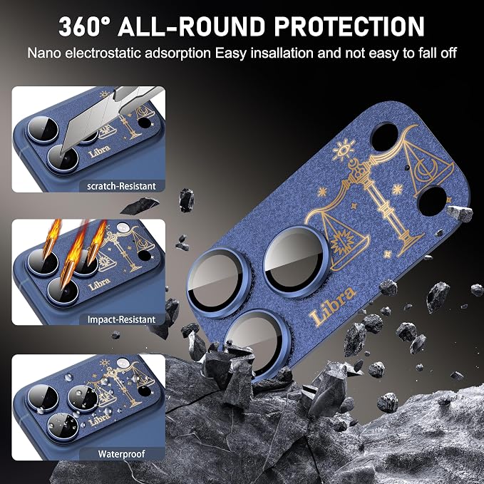 Compatible for iPhone 17 Pro Camera Lens Protector, Leo Pattern, Drop Protection, Anti Scratch Full-Coverage, AR 360-Degree Protection, Camera Transmfttance HD, Easy Installation, Dark Blue