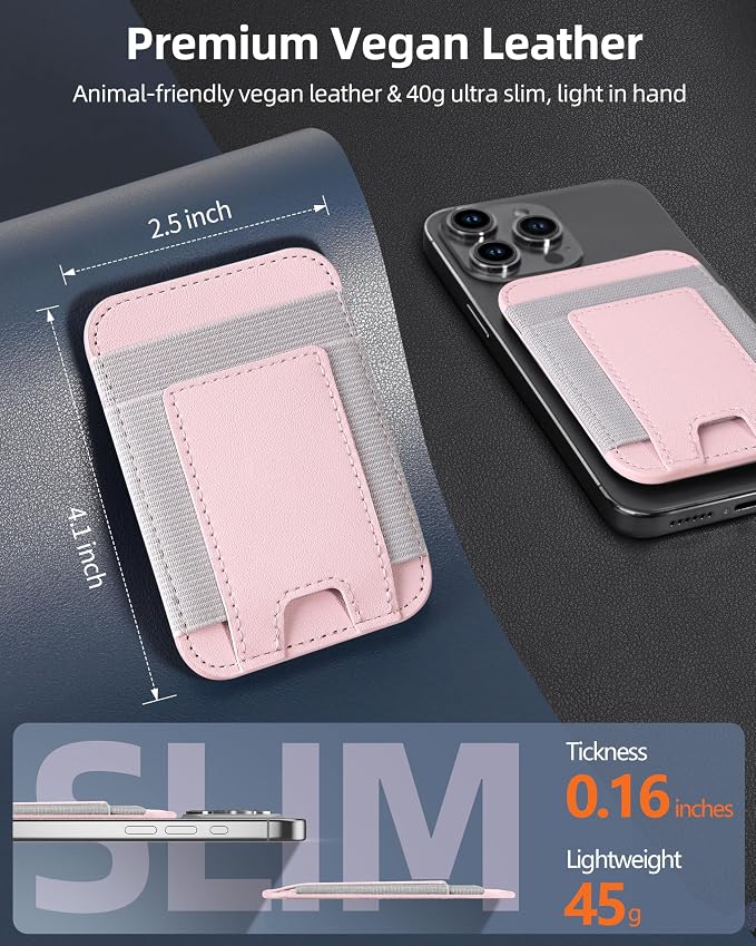 ExtreLife Upgraded for Magsafe Wallet, Stronger Magnetic Wallet for iPhone 17/16/15/14/13/12 Series, Magnetic Card Holder with 2 Card Slots, Slim, RFID Blocking, Vegan Leather, Fit 7 Cards, Pink