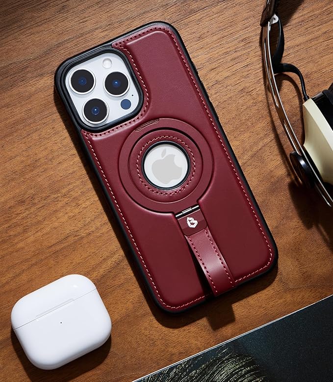 for iPhone 15 Pro Leather Case with Stand, Anti-Slip Grip Ring, Fits for MagSafe (Burgundy, iPhone 15 Pro)
