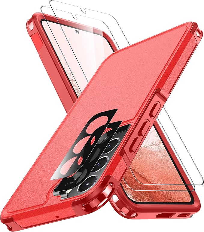 SPIDERCASE Designed for Samsung Galaxy S22 Case,[10 FT Military Grade Drop Protection],2 Pack [Tempered Glass Screen Protector+Camera Lens Protector] Heavy Duty Shockproof Case,Red