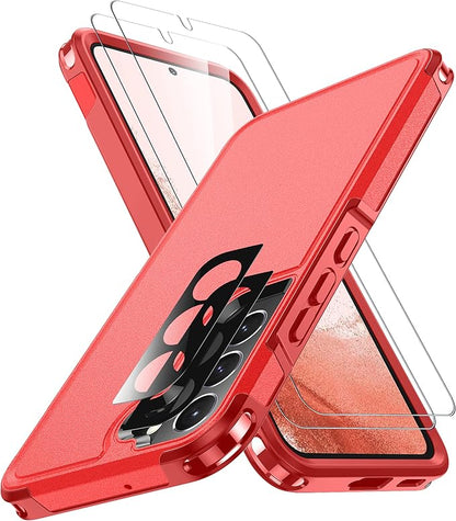 SPIDERCASE Designed for Samsung Galaxy S22 Case,[10 FT Military Grade Drop Protection],2 Pack [Tempered Glass Screen Protector+Camera Lens Protector] Heavy Duty Shockproof Case,Red