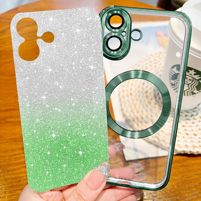 Hython for iPhone 17 Case Glitter Clear Magnetic Phone Cases [Compatible with MagSafe] Full Camera Lens Protector Sparkle Luxury Plating Slim Shockproof Protective Cover Women, Gradient Green