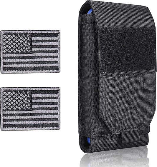 Black Tactical Molle Cellphone Pouch Case,Heavy Duty Waterproof Phone Holster Bag for iPhone 11 12 13 Pro Max for Samsung S22 S21 S20 FE Note 20 A02S Less 6.7" Phone with 2 Pack US Flag Patch