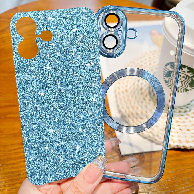 Hython for iPhone 17 Case Glitter Clear Magnetic Phone Cases [Compatible with MagSafe] Full Camera Lens Protector Sparkle Luxury Plating Slim Shockproof Protective Cover Women, Light Blue