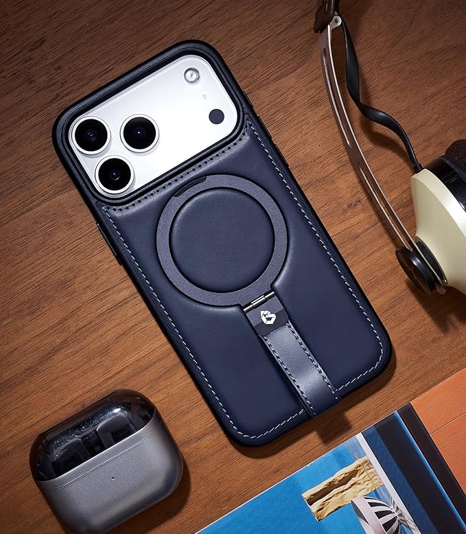 for iPhone 17 Pro Max Leather Case with Stand, Anti-Slip Grip Ring, Fits for MagSafe (Blue, iPhone 17 Pro Max)