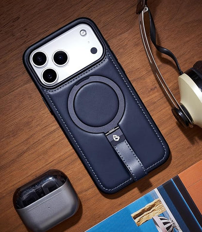 for iPhone 17 Pro Max Leather Case with Stand, Anti-Slip Grip Ring, Fits for MagSafe (Blue, iPhone 17 Pro Max)