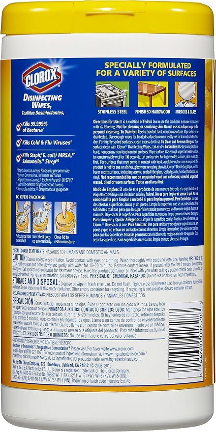 Clorox Disinfecting Cleaning Wipes, Bleach Free, Crisp Lemon, 75 Count, Pack of 6 (Pack May Vary)