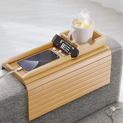Couch Cup Holder, Bamboo Sofa Armrest Tray with Detachable Cup Holder – Foldable Anti-Slip Sofa Table Armrest Tray for Drinks, Snacks, Remotes & Phones – Universal Fit Organizer, Easy to Clean
