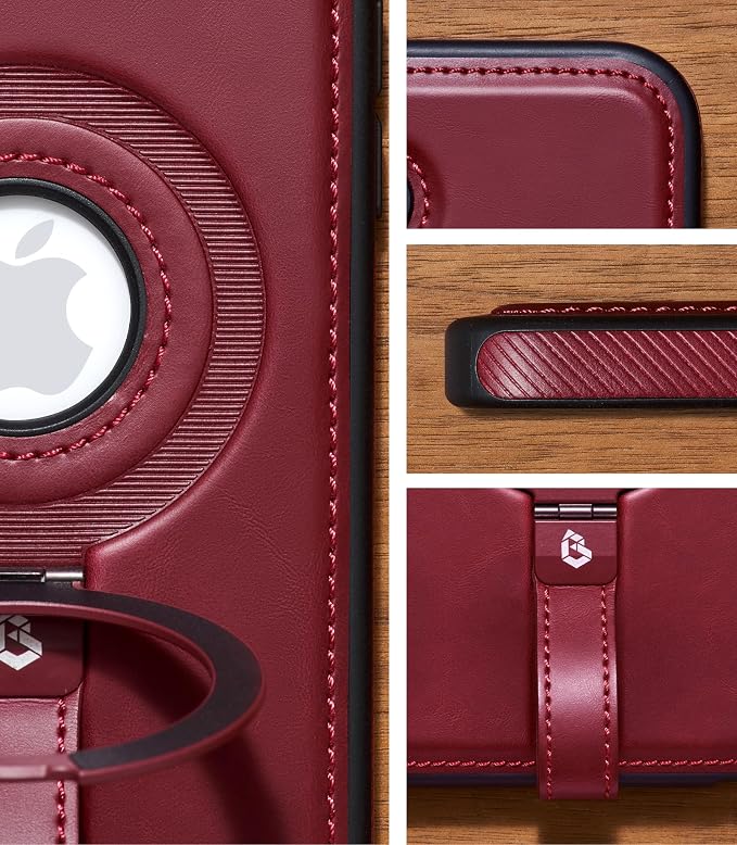 for iPhone 16 Leather Case with Stand, Anti-Slip Grip Ring, Fits for MagSafe (Burgundy, iPhone 16)