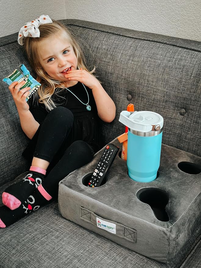 Cup Cozy Deluxe Pillow (Gray) *As Seen on TV* -The World's Best Couch Cup Holder Pillow! Cup Holder Pillow for The Couch, Sofa, Bed, Car, RV, Park & More! Drinks, Remotes, & Snacks Holder Tray