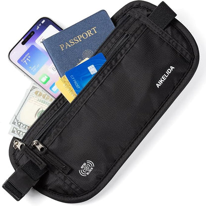 RFID Blocking Money Belt - Passport Holder & Travel Wallet, Slim Hidden Fanny Packs for Women Men - Black