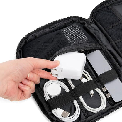 PAVILIA Travel Cord Organizer Case for Cables & Chargers, Black | 10 x 6.8 x 1.7 in 600D water-repellent electronics bag pouch with 7 loops, 5 mesh pockets, front zip pocket and dual zippers