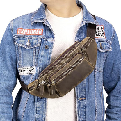 Crazy Horse Cowhide Leather Waist Pack Fanny Bag for Men Women Outdoor Travel Sports Running Walking Hiking Hip Bum Belt Slim Cell Phone Purse Casual Waist Wallet Pouch Deep Brown ﻿