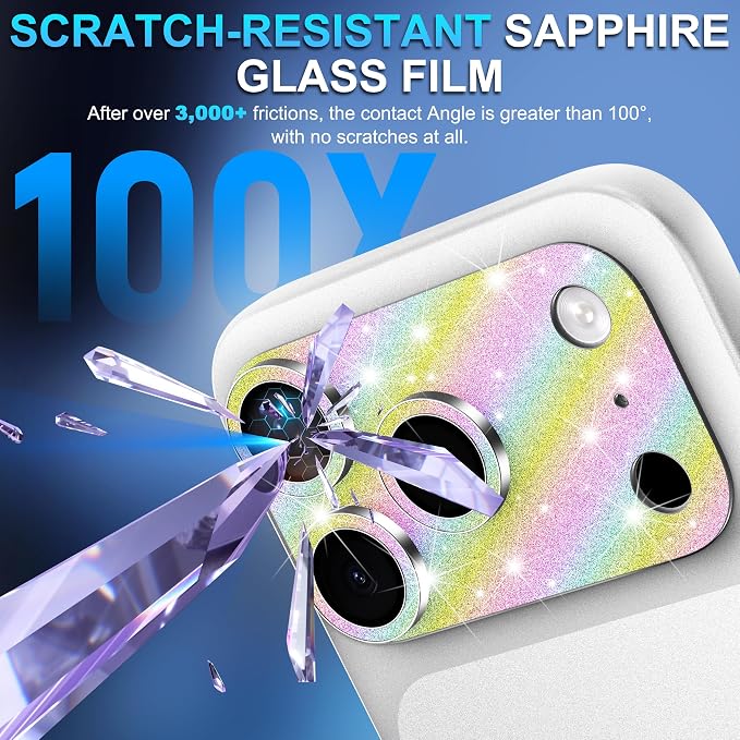 Suoman for iPhone 17 Pro Camera Lens Protector, [All-in-one] [Strong-Adhesion] Bling Glitter Independent Metal Frame Tempered Glass Camera Lens Cover -Colorful