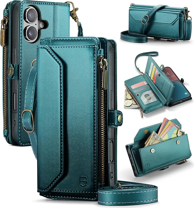Strapurs Wallet Case Compatible with iPhone 16 6.1" RFID Blocking 7-Card Holder Soft PU Leather Magnetic Snap Shoulder Strap Zipper Pocket Phone Case Fit for iPhone 16 for Women - Blue Green