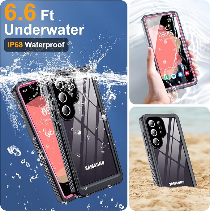 GOLDJU for Samsung Galaxy S25 Ultra Case Waterproof,IP68 Waterproof Dustproof Case with Built-in Screen Protector, Full Body Protective Phone Cover for Galaxy S25 Ultra 6.9 Inch, Pink/Clear