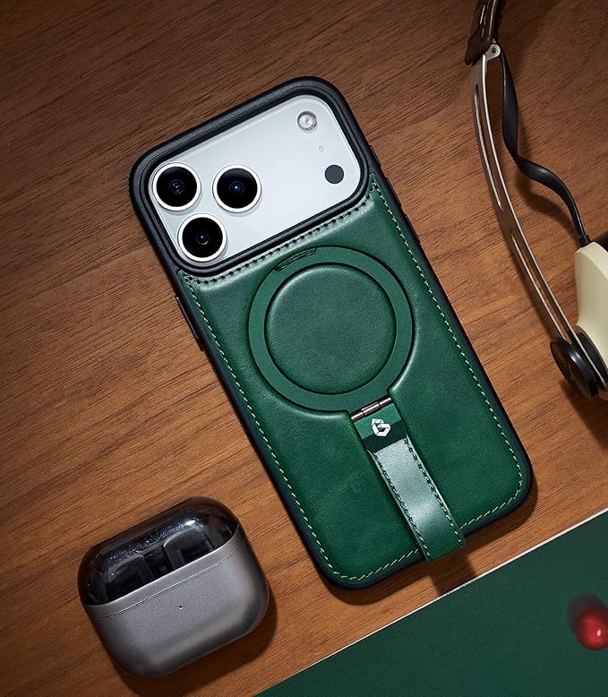 for iPhone 17 Pro Leather Case with Stand, Anti-Slip Grip Ring, Fits for MagSafe (Green, iPhone 17 Pro)