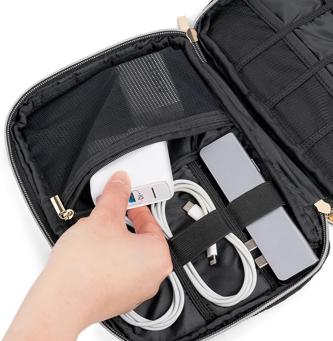 PAVILIA Travel Cord Organizer Case for Cables & Chargers, Black Quilt | 10 x 6.8 x 1.7 in 600D water-repellent electronics bag pouch with 7 loops, 5 mesh pockets, front zip pocket and dual zippers