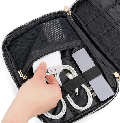 PAVILIA Travel Cord Organizer Case for Cables & Chargers, Black Quilt | 10 x 6.8 x 1.7 in 600D water-repellent electronics bag pouch with 7 loops, 5 mesh pockets, front zip pocket and dual zippers