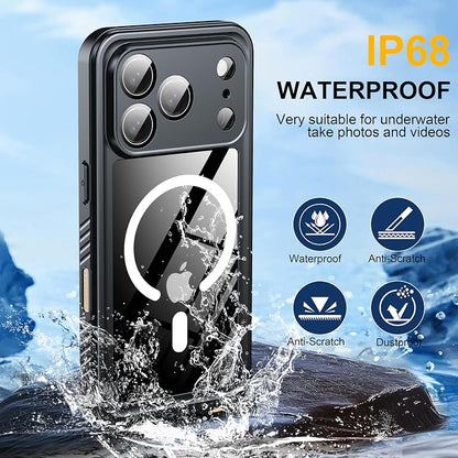 ANTSHARE for iPhone 17 Pro Case, Compatible with Magsafe, IP68 Waterproof Case, [Built-in Screen Protector] - 12 FT Military Dropproof - Full Body Heavy Duty Rugged Phone Cover - Black/Clear