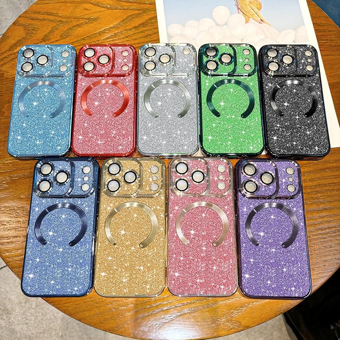 Hython for iPhone 17 Pro Case Glitter Clear Magnetic Phone Cases [Compatible with MagSafe] Full Camera Lens Protector Sparkle Luxury Plating Slim Shockproof Protective Cover Women, Light Blue